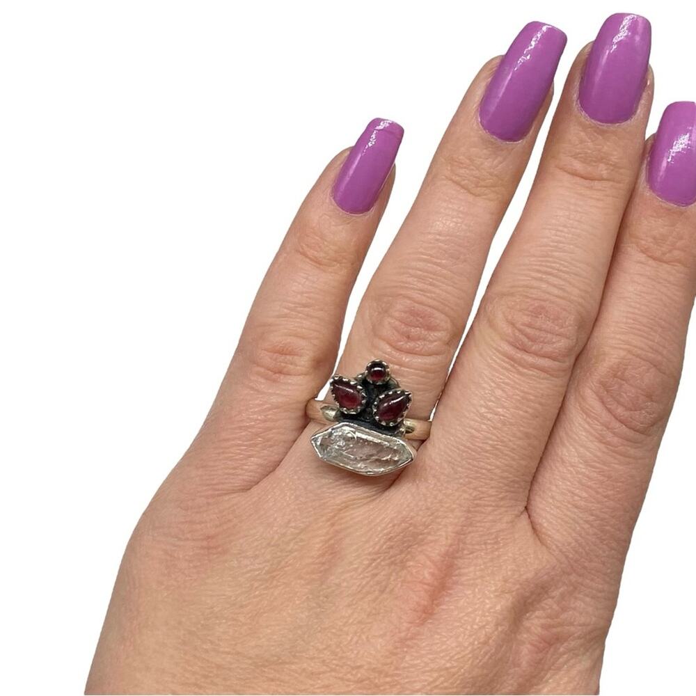 Herkimer Diamond Garnet Ring Solid Sterling Silve… - image 2